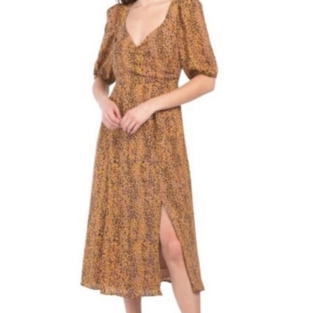 Wayf Cheetah Puff Sleeve V Neck Faux Wrap Midi Dress Womens Size Medium